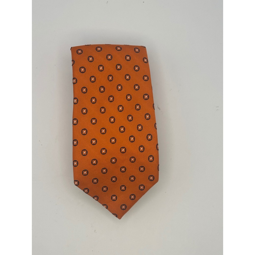 Tommy Hilfiger Mens Silk Necktie Orange Navy Blue Geometric Diamond Pattern